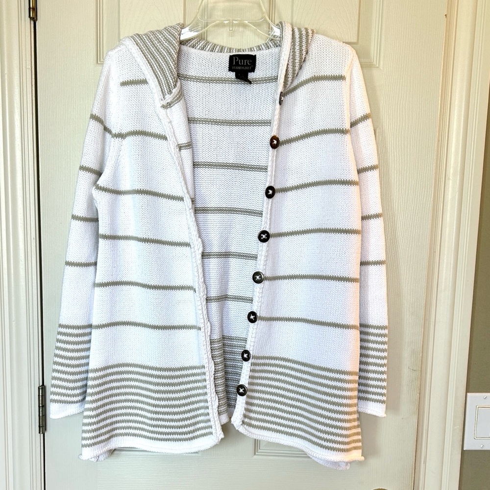 Pure Handknit Striped Hooded Button Cardigan M/L